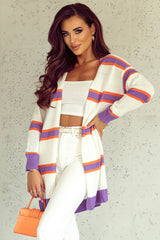 Beige Button-Up Striped Cardigan with Ribbed Trim and Long Sleeves from MsDressly