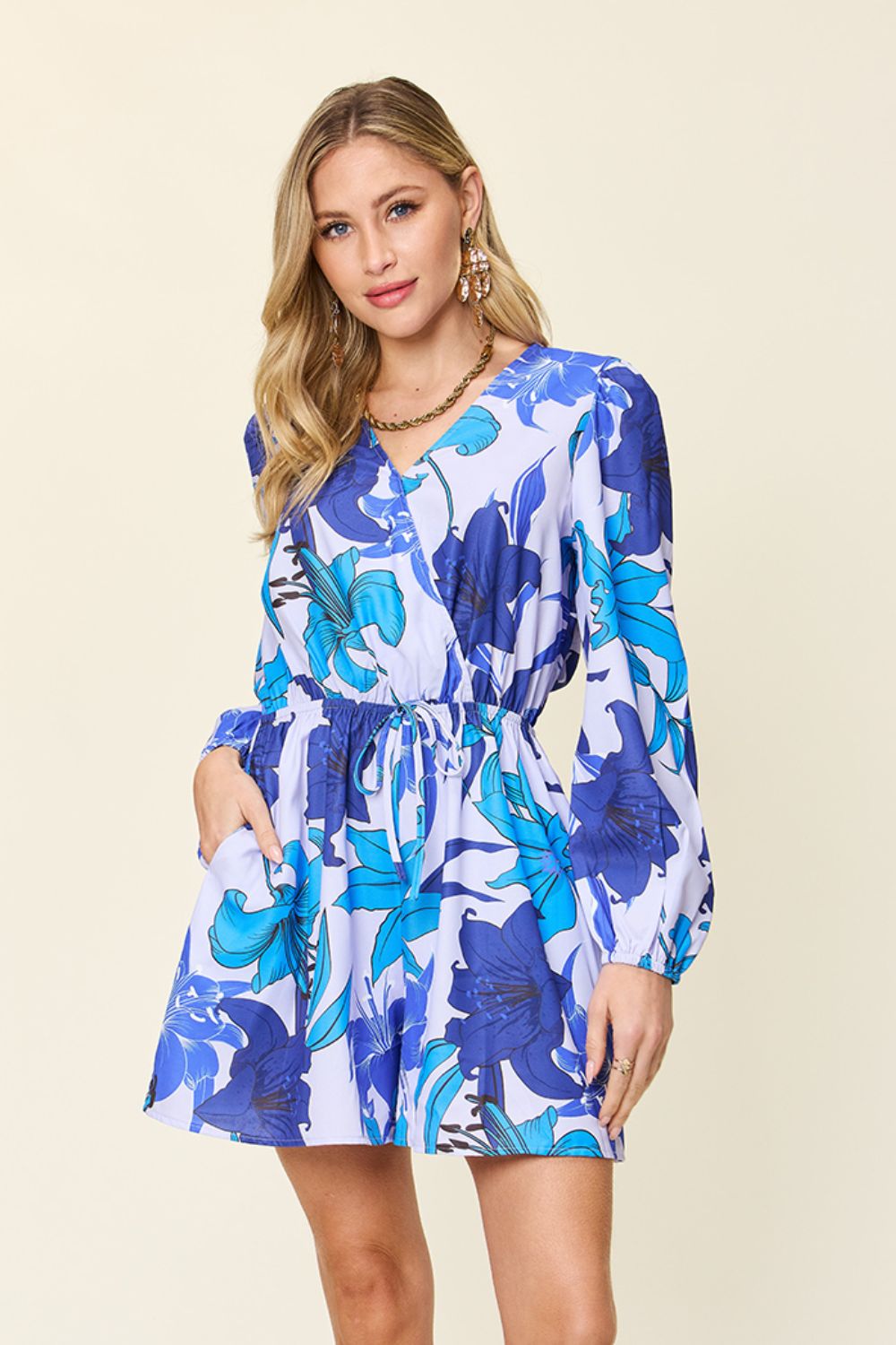 Double Take Full Size Floral Long Sleeve Romper with Pockets from Enfance-Heureuse