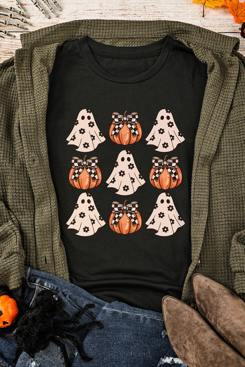 Black Halloween Ghost Pumpkin Print Crew Neck T Shirt from MsDressly