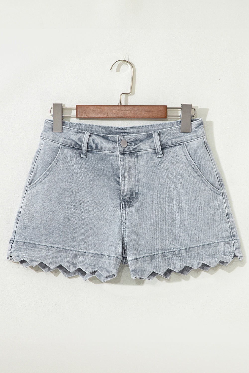 Scalloped Acid Wash High Waist Denim Shorts from Threaded Pear