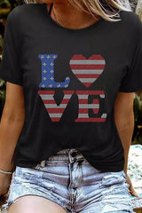 Black Rhinestone USA Flag Stripes and Stars LOVE Graphic T Shirt from MsDressly