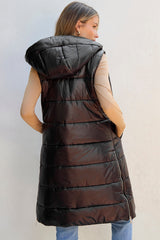 Black Hooded Long Quilted Vest Coat From MsDressly