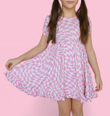 BUBBLEGUM WAVY CHECKERS DREAM RUFFLE DRESS from DREAM BIG LITTLE CO
