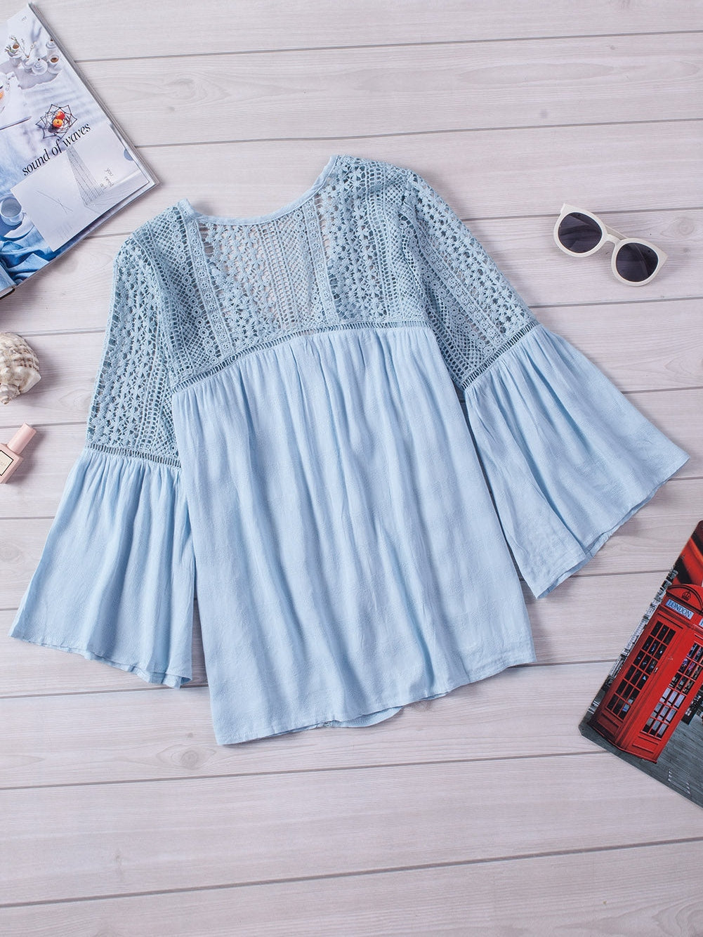 3/4 Sleeve Crochet Blouse in Light Blue from MsDressly