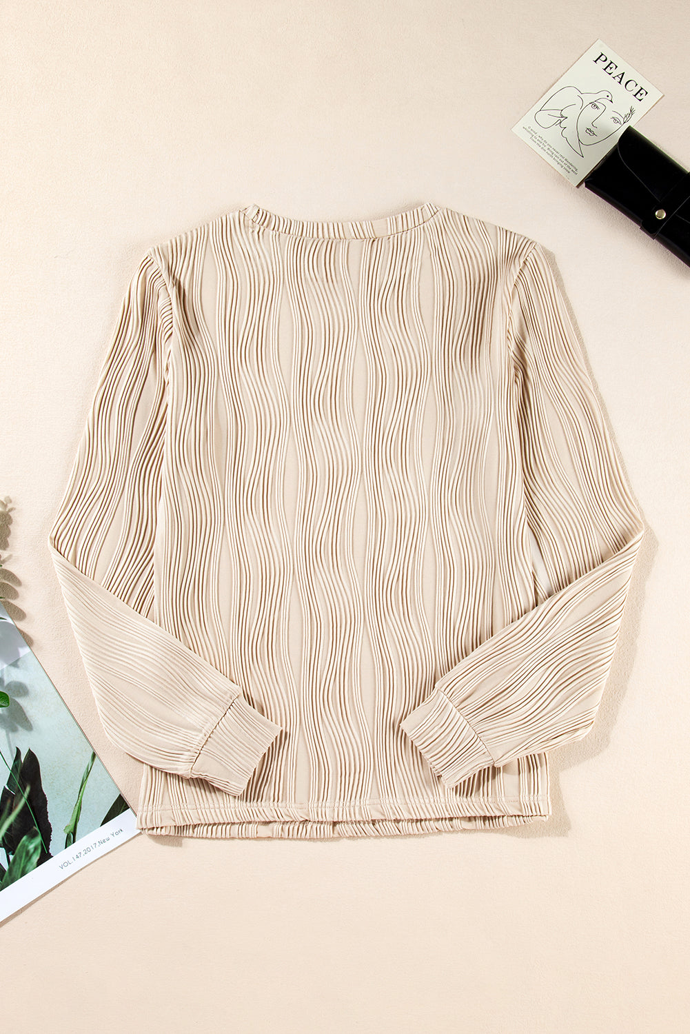Apricot Textured Wavy Round Neck Long Sleeve Top from MsDressly