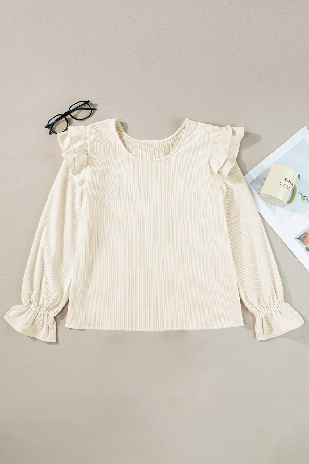 Beige Ruffled Flounce Sleeve Corduroy Blouse from MsDressly