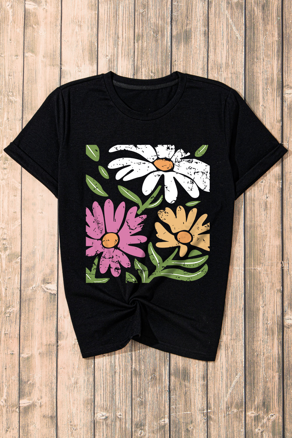 Black Retro Floral Print Crew Neck Casual T Shirt from MsDressly