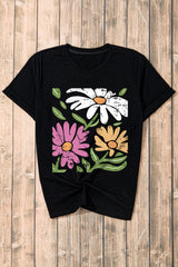 Black Retro Floral Print Crew Neck Casual T Shirt from MsDressly