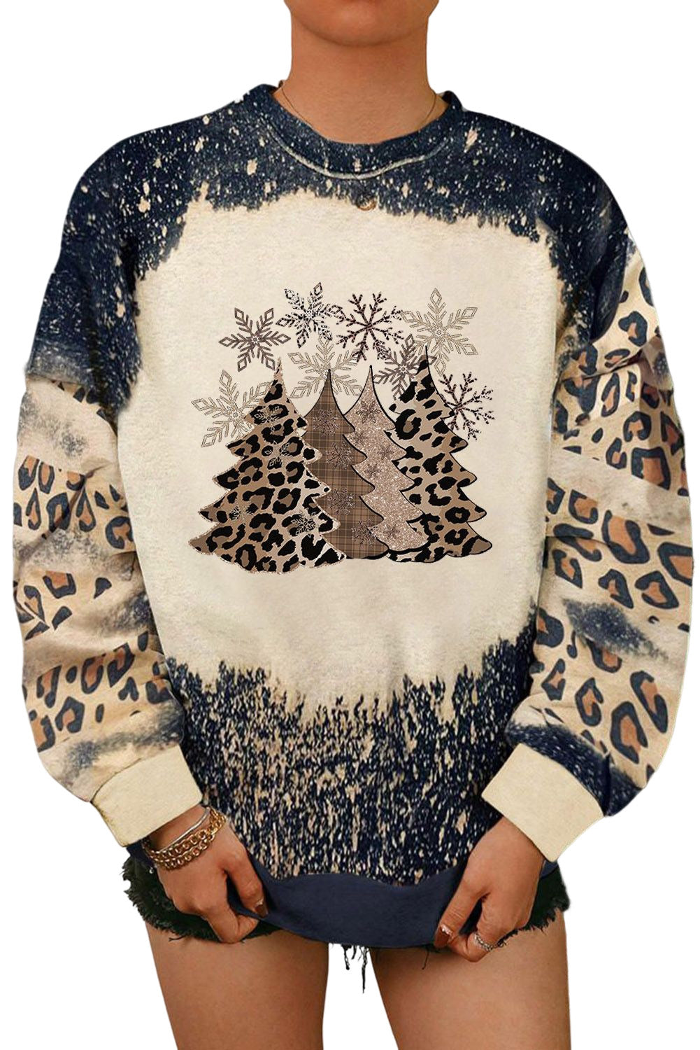 Black Christmas Tree Leopard Color Block Pullover Sweatshirt from MsDressly