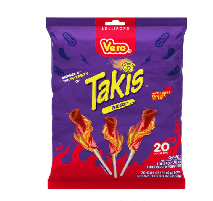Vero Takis Fuego Lollipop 20 ct 16 pack ea from Mexmax INC.