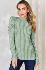 Basic Bae Full Size Ribbed Mock Neck Puff Sleeve T-Shirt from Enfance-Heureuse