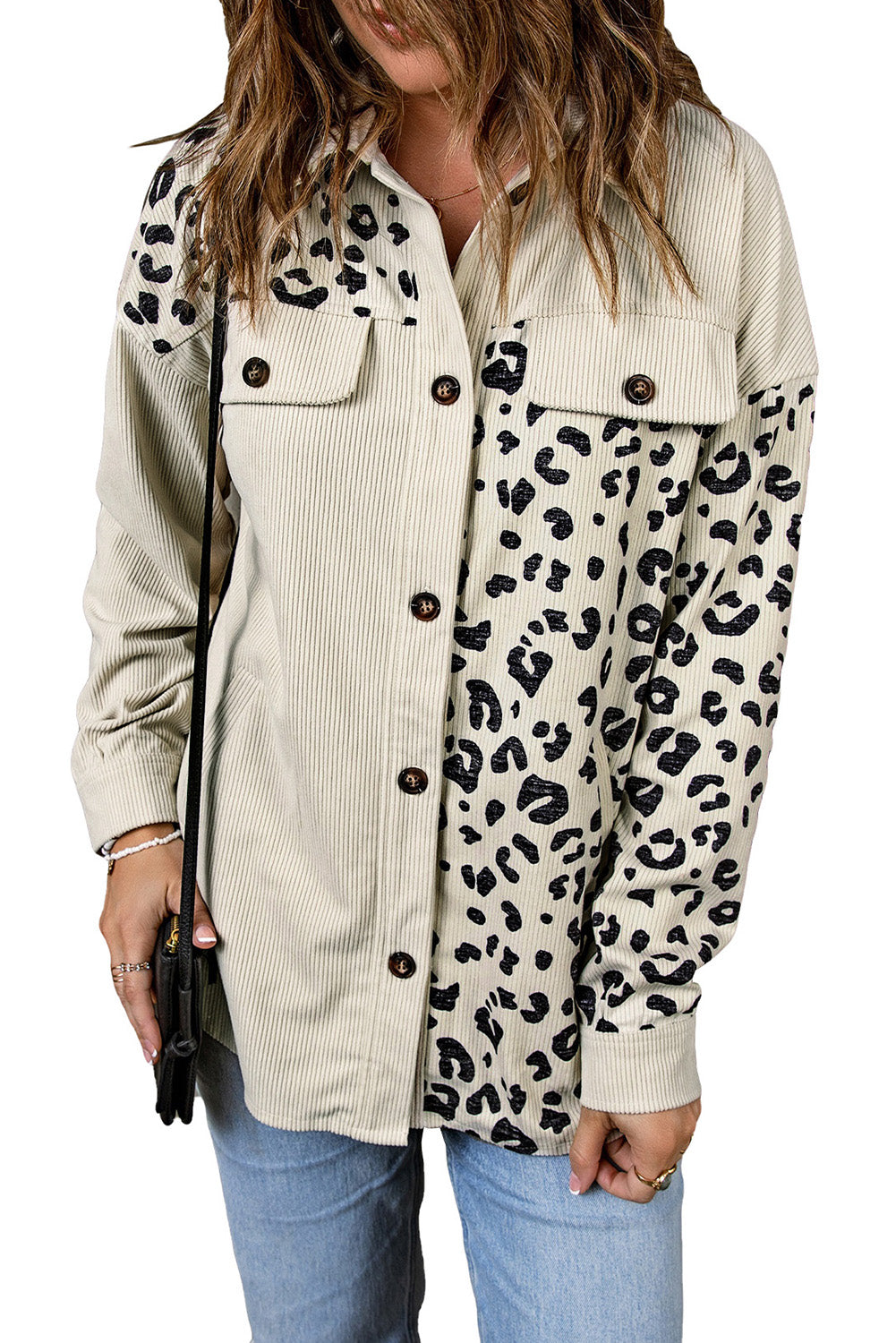 Apricot Corduroy Jacket with Leopard Print Details and Pockets from MsDressly