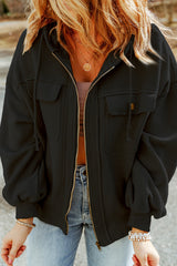 Black Flap Pocket Drawstring Hood Zip Up Jacket from MsDressly