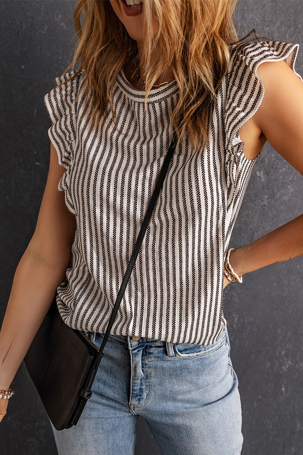 Sofia Crew Neck Ruffled Striped Tank Top From Threaded Pear