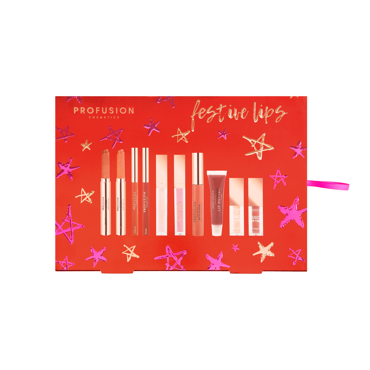 Crimson Festive Lips – 10-Piece Lip Collection from Profusion Cosmetics