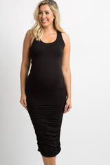 Black Solid Ruched Fitted Maternity Bodycon Midi Dress from PinkBlush