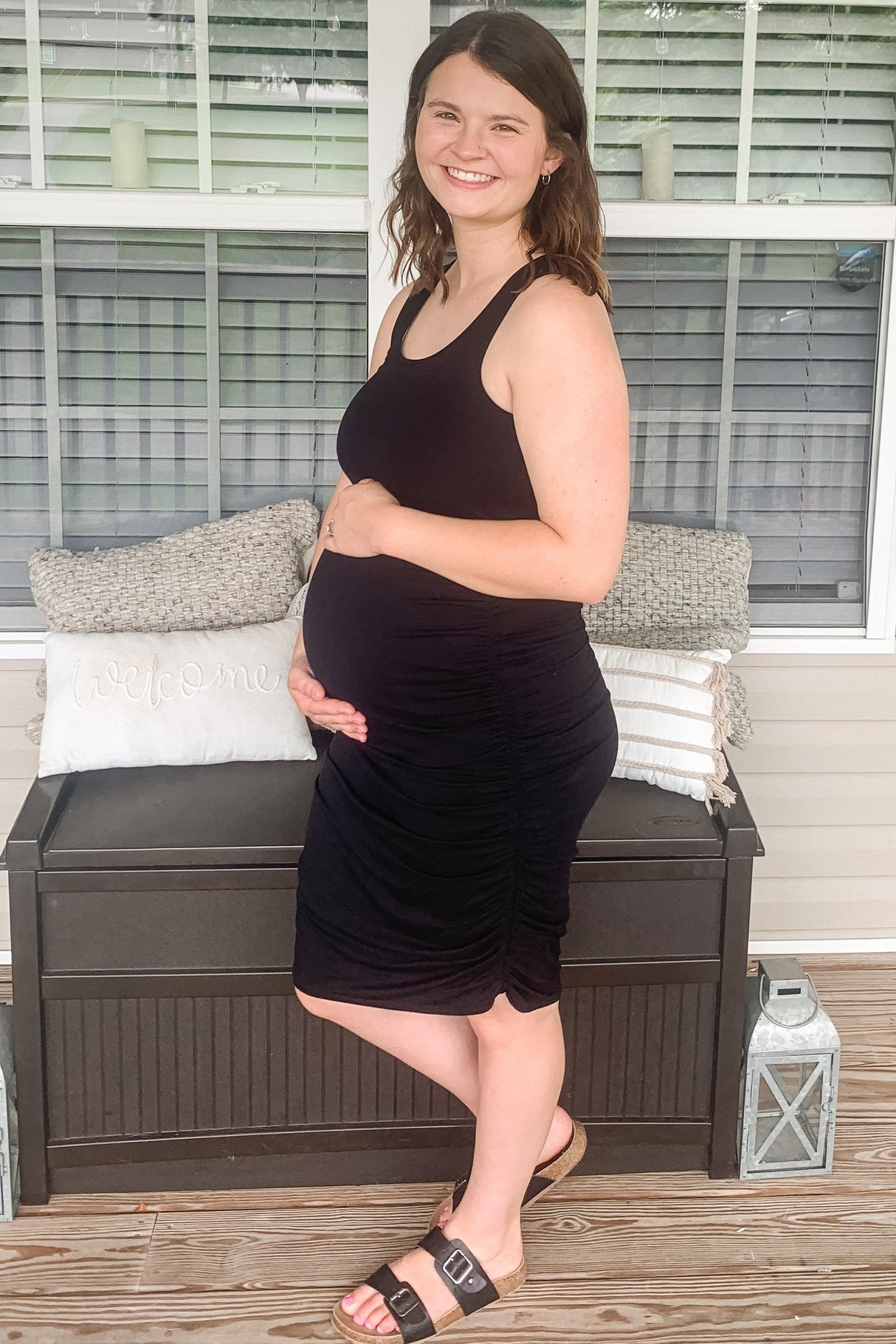 Black Solid Ruched Fitted Maternity Bodycon Midi Dress from PinkBlush