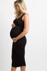 Black Solid Ruched Fitted Maternity Bodycon Midi Dress from PinkBlush