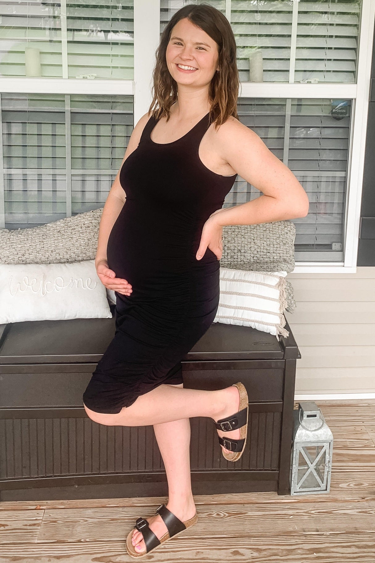 Black Solid Ruched Fitted Maternity Bodycon Midi Dress from PinkBlush