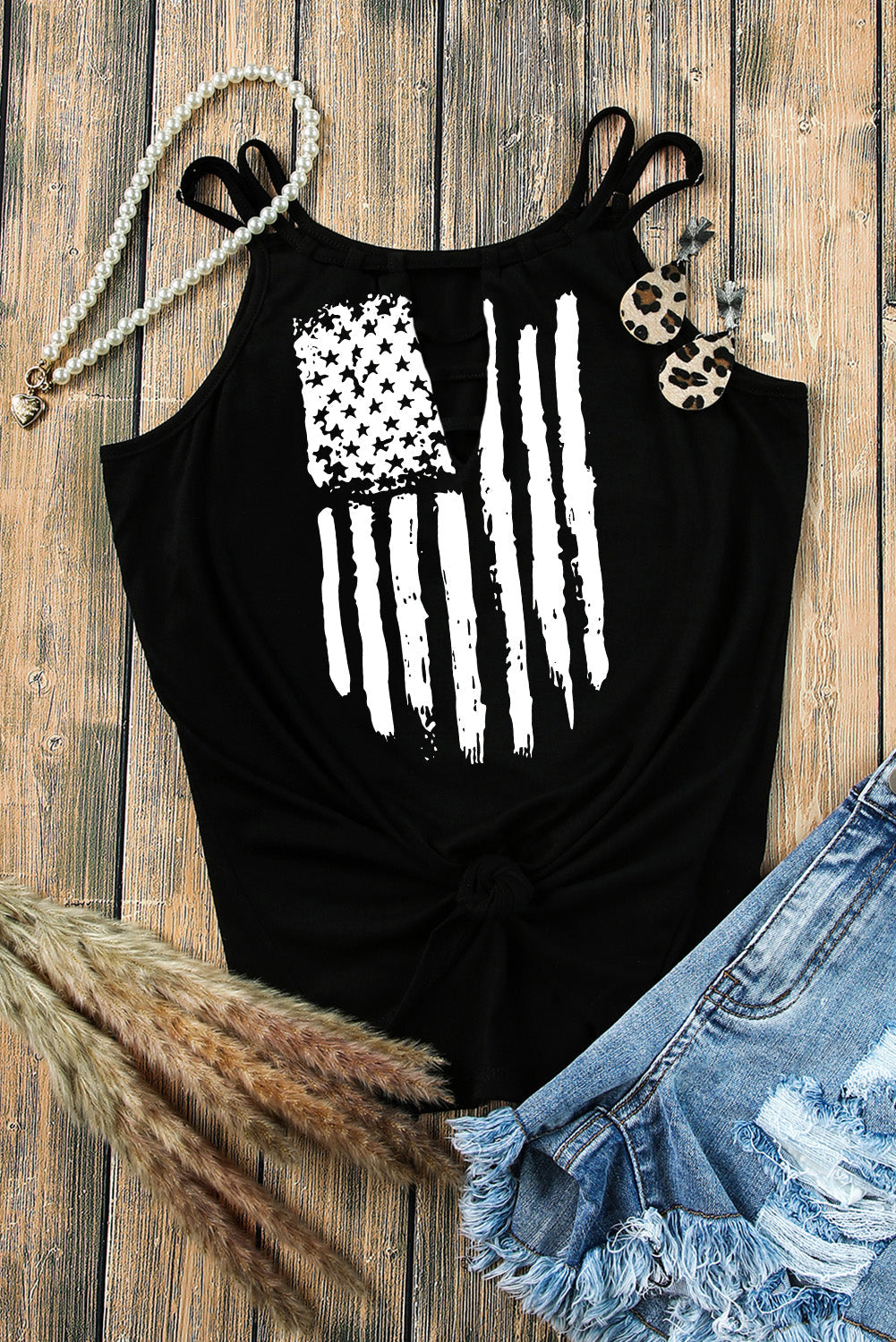Black American Flag Print Cut Out Spaghetti Strap Tank Top From MsDressly