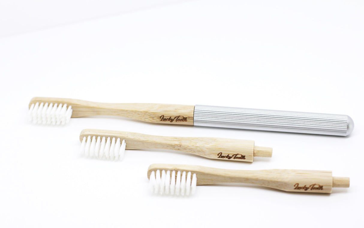 Replaceable Bamboo Toothbrush Aluminum Handle - Soft White Bristles from Lucky Teeth