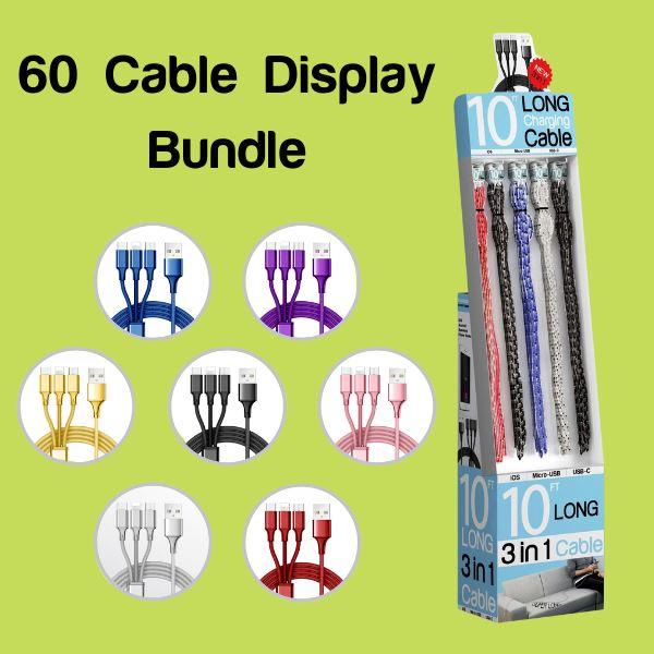 10 Foot 3-in-1 Universal Charging Cable - 60 Piece Display Bundle from Mila Lifestyle Accessories