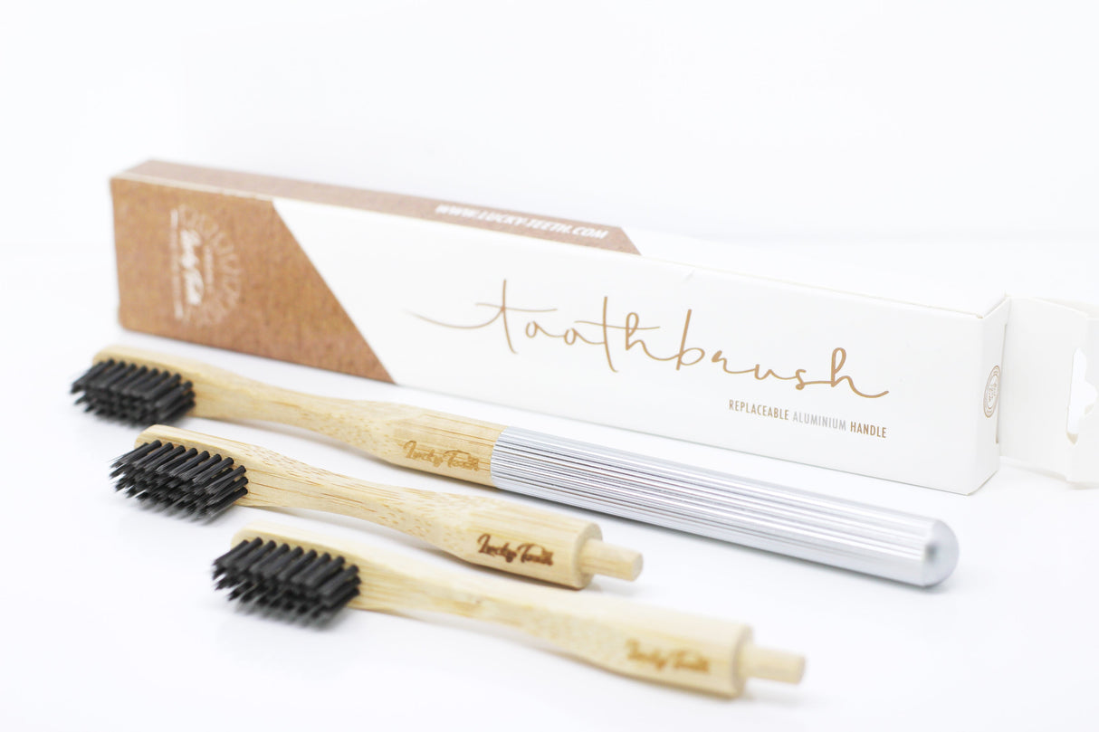 Replaceable Bamboo Toothbrush Aluminum Handle - Soft White Bristles from Lucky Teeth