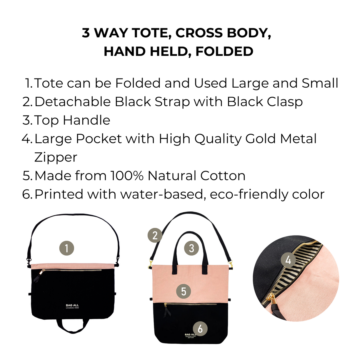 Three Way Tote, Cross body, Hand held, Folded, Pink/Black, New York From Bag-all