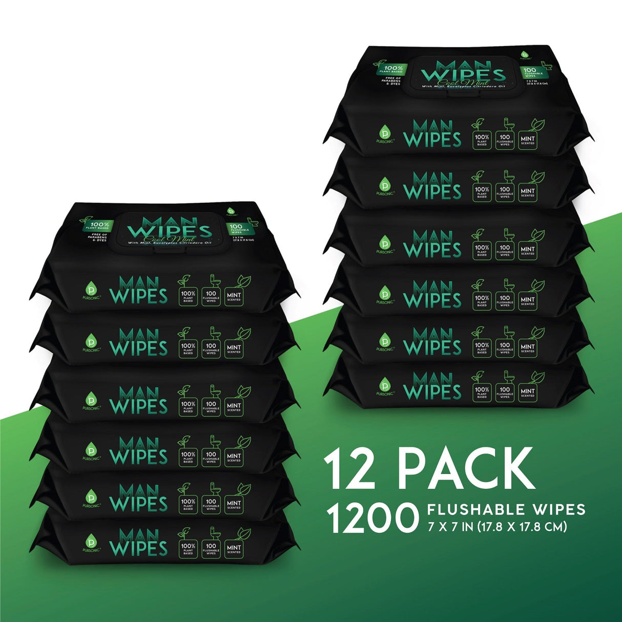 12 Pack of Flushable Man Wipes (1200 Mint Scented Wipes) from Pursonic