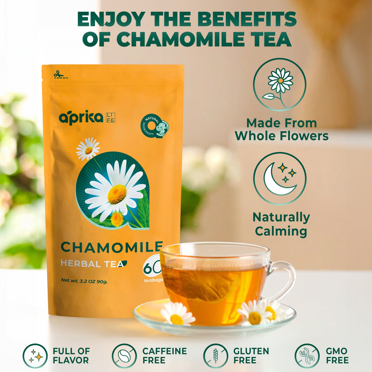 100% Pure Chamomile Herbal Tea, 60 Bags from Aprika Life
