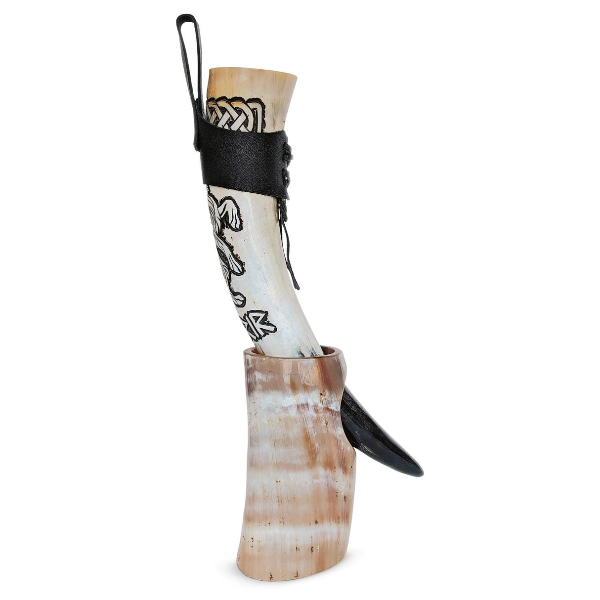 Curved Drinking Horn Bundle with Stand & Holster from Norse Tradesman
