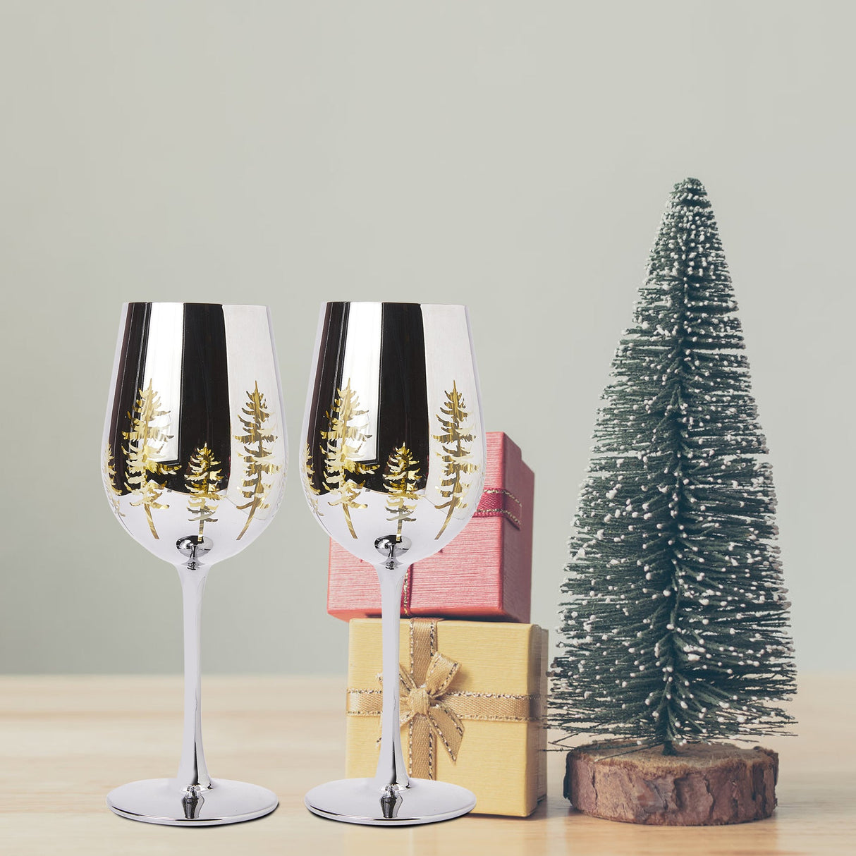 Crystal Christmas Tree Stemmed Wine & Water Glasses - Set of 2 - Holiday Themed Vibrant Gold Etched Winter Snow Wonderland Frosted Glass, Perfect For Seasonal Parties, Gifts for Him & Her Trees Décor from The Wine Savant