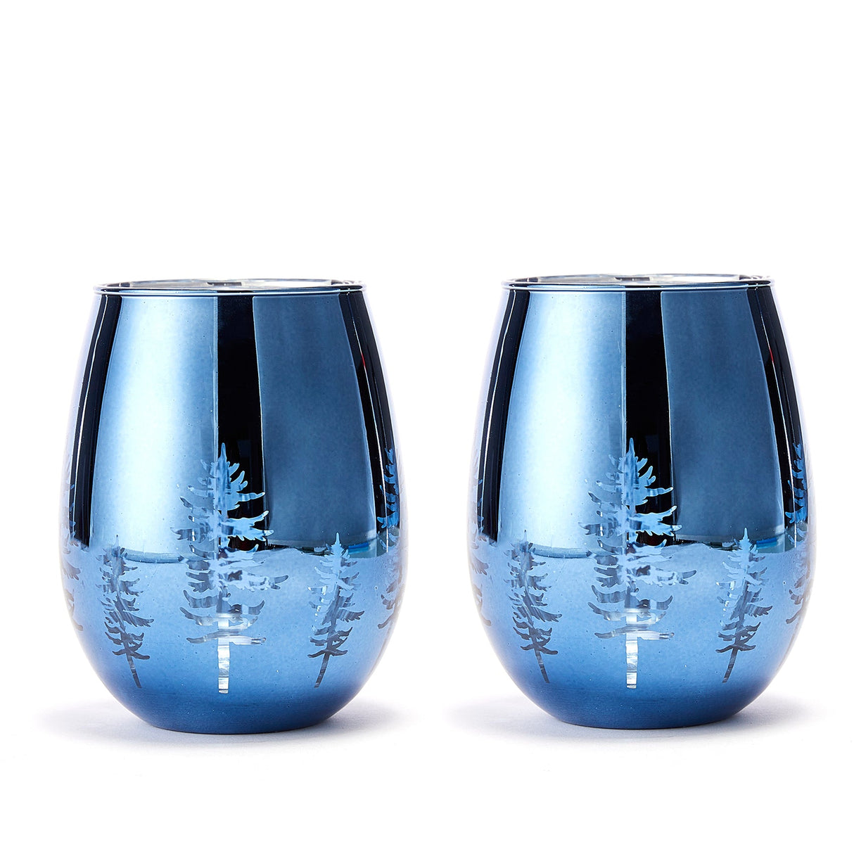 Crystal Christmas Tree Stemless Wine & Water Glasses - Set of 2 - Holiday Themed Vibrant Blue Etched Winter Snow Wonderland Frosted Glass, Perfect For Seasonal Parties, Gifts for Him & Her Trees Décor from The Wine Savant
