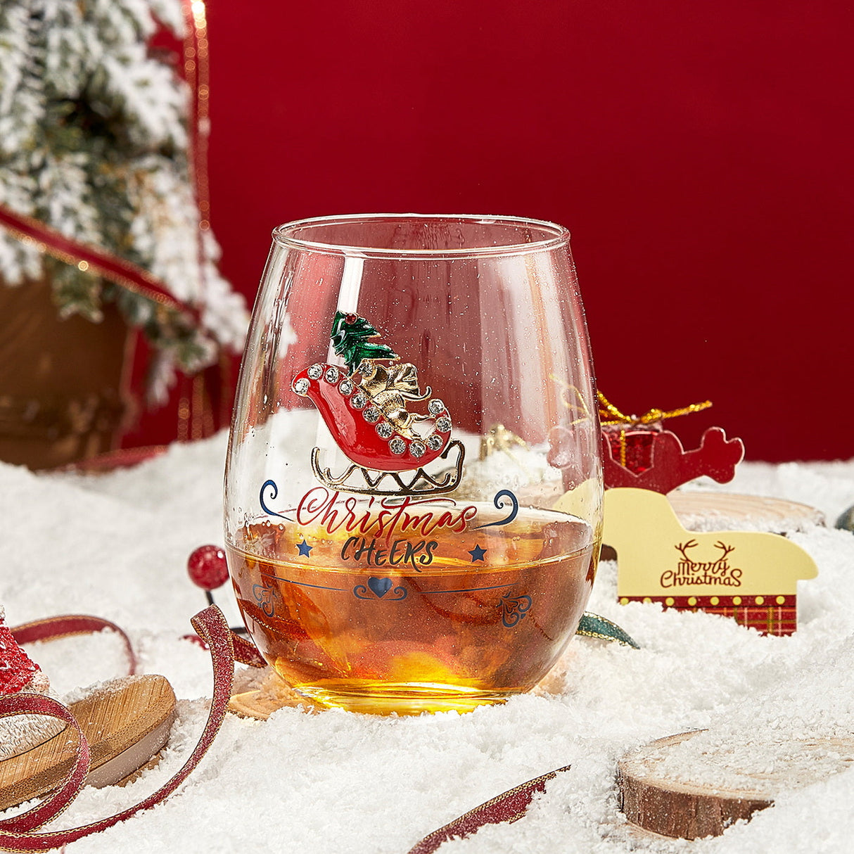 Crystal Christmas Santa's Sleigh Wine & Water Glasses - Set of 2, 17.5oz - Xmas Diamond Merry Christmas Santa Holiday Festive Theme Stemless Glass - New Year Holiday Gifts for Men Women Friend Family from The Wine Savant