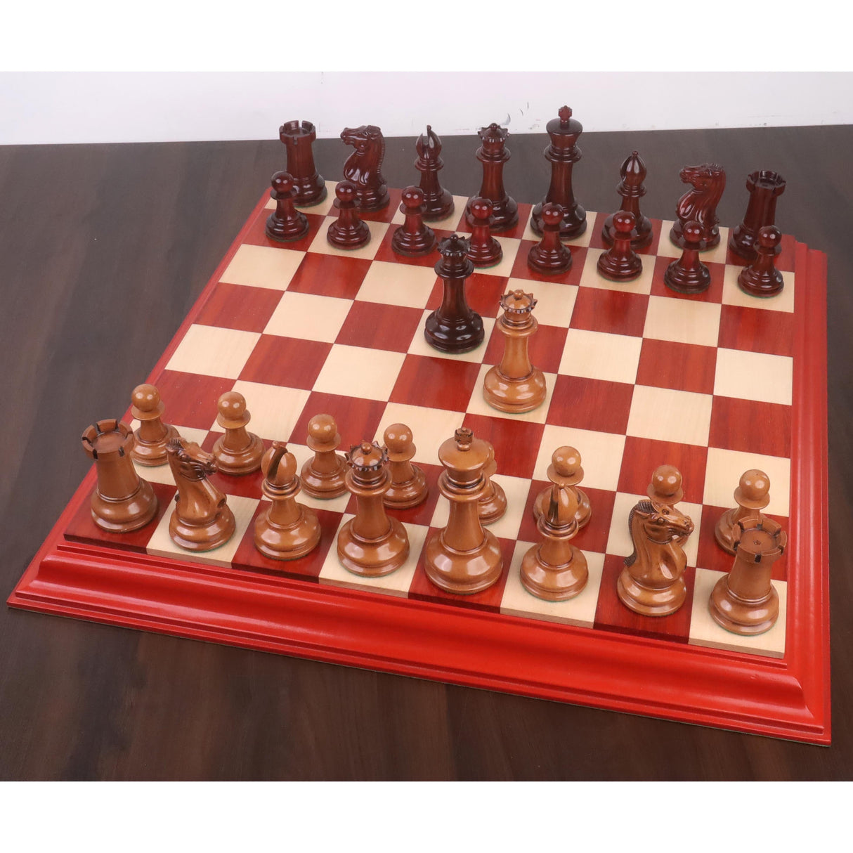Original Staunton Chess Set- Chess Pieces Only- Lacquered Distress Antiqued Boxwood & Bud Rosewood - 4.5" King From Royal Chess Mall
