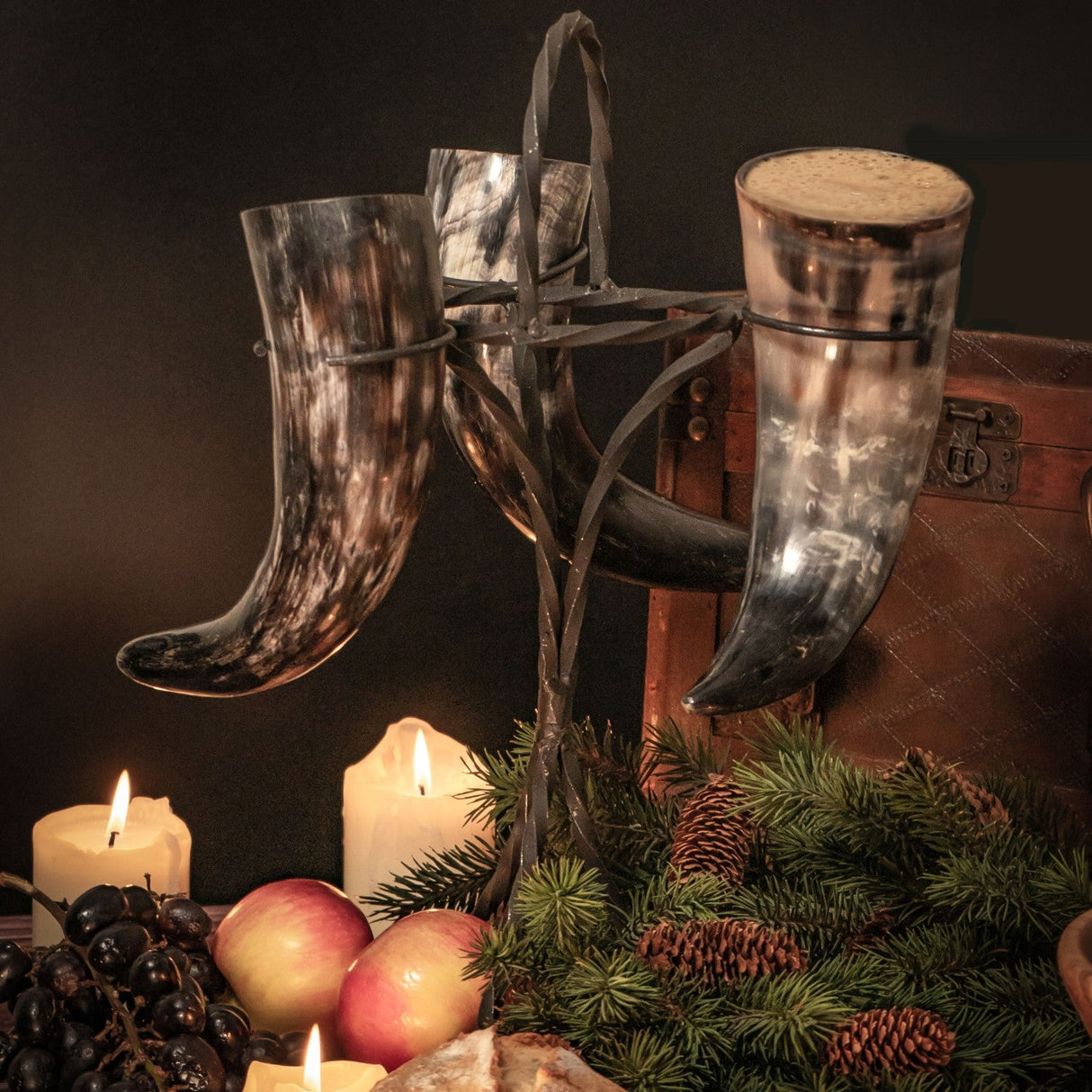 Drinking Horn Set (3) with Iron Stand from Norse Tradesman