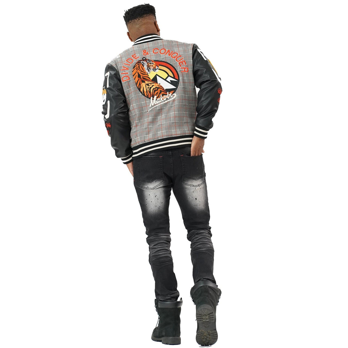 M4315 Vercelli Plaid Varsity Jacket - Black From Makobi Jeans USA