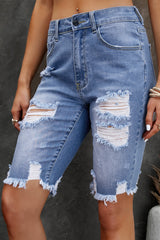 Blue Raw Hem Denim Jorts with Distressed Details, Mid-Stretch Slash Pockets Bermuda Denim Shorts, Women's Denim Jeans & Apparel from MsDressly