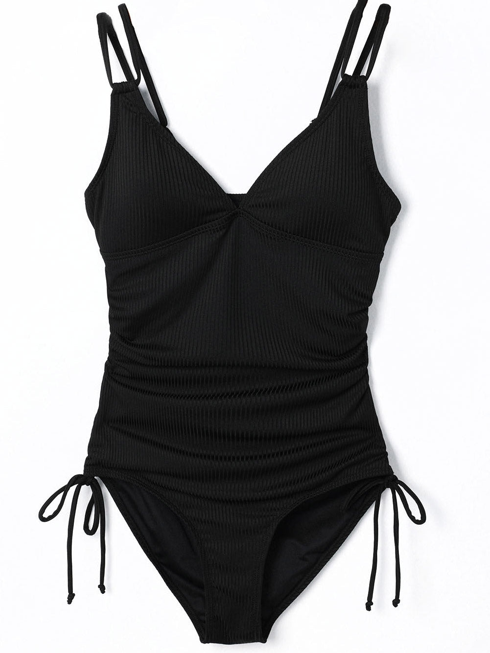 Beach Babe Black Ribbed Knit One Piece Swimsuit with Adjustable Straps from MsDressly