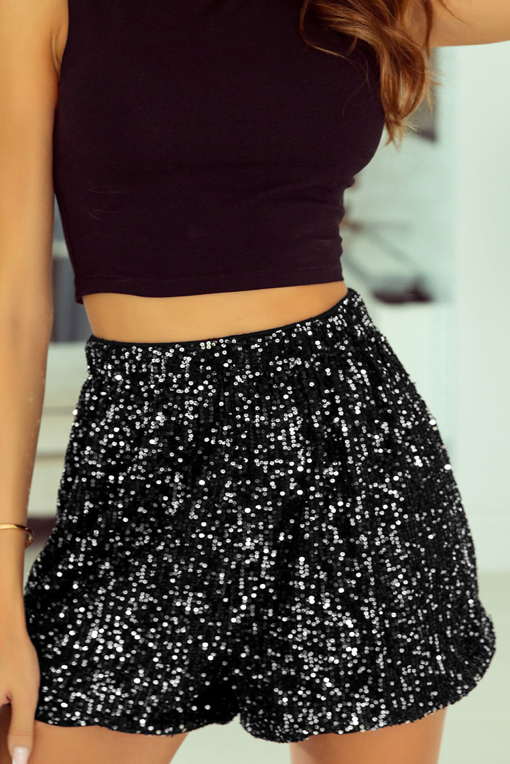 Oaklynn Sequin High Waist Casual Shorts from Threaded Pear