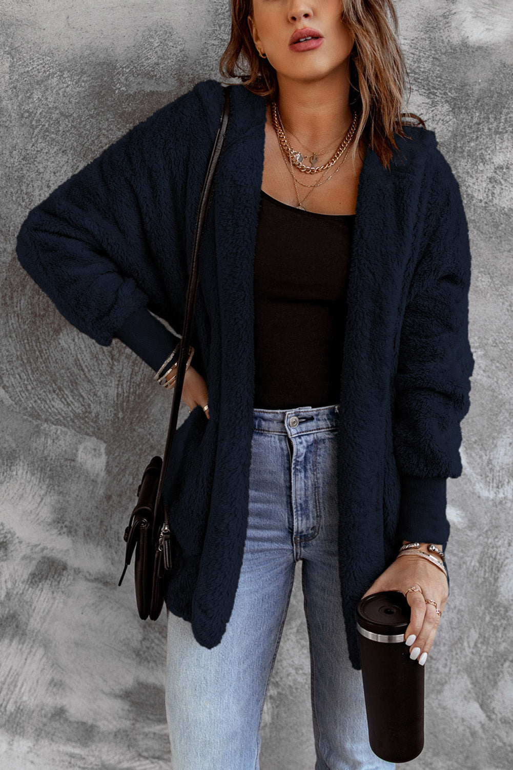 Blue Soft Fleece Hooded Open Front Coat From MsDressly