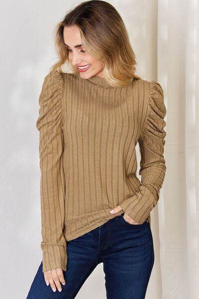 Basic Bae Full Size Ribbed Mock Neck Puff Sleeve T-Shirt from Enfance-Heureuse