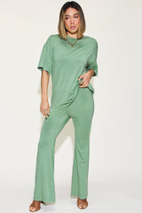 Basic Bae Full Size Bamboo Drop Shoulder T-Shirt and Flare Pants Set from Enfance-Heureuse