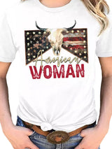 American Woman Bull Skull Print White Graphic Tee from MsDressly