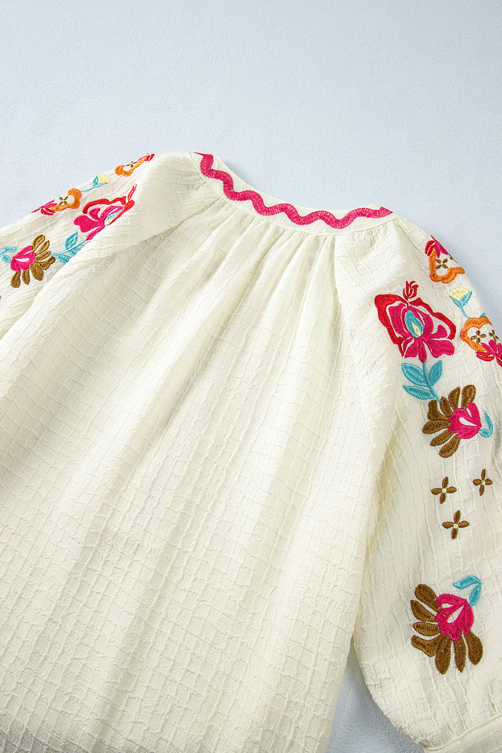 Beige Floral Embroidered Ricrac Puff Sleeve Textured Blouse from MsDressly