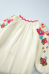 Beige Floral Embroidered Ricrac Puff Sleeve Textured Blouse from MsDressly