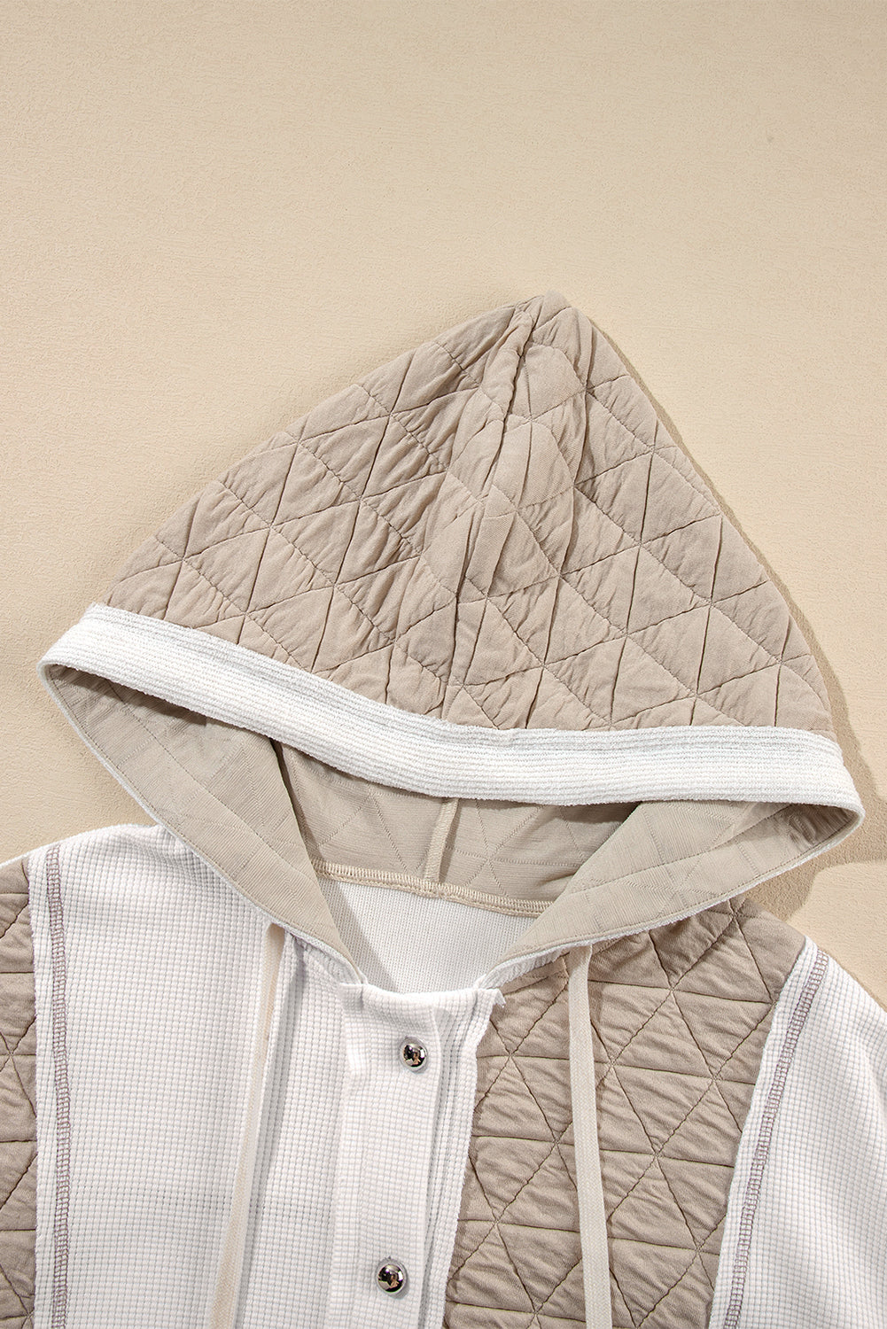 Beige Quilted Textured Patchwork Loose Fit Hooded Jacket from MsDressly