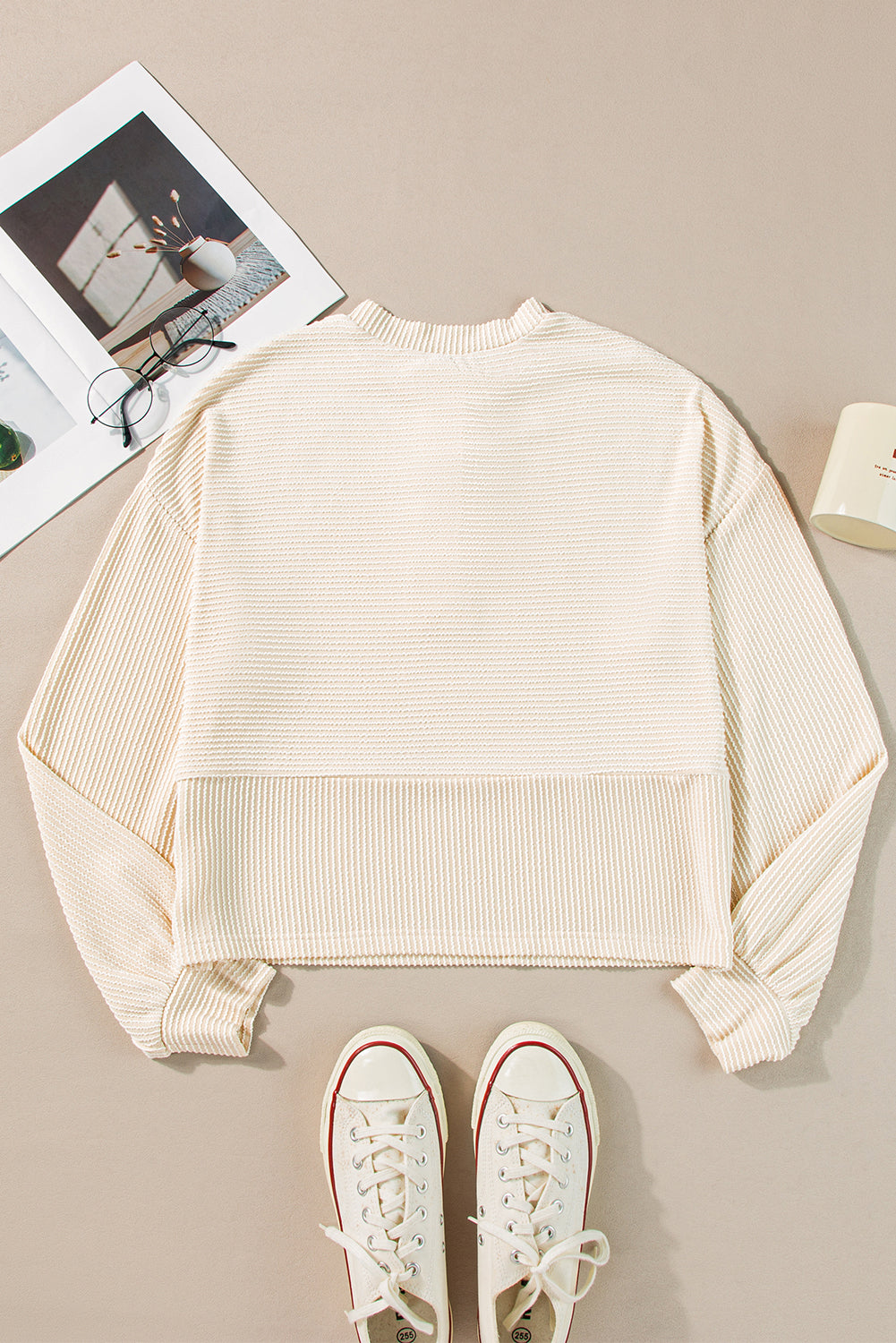 Apricot Corded Texture Lantern Sleeve Buttons Henley Sweatsuit from MsDressly