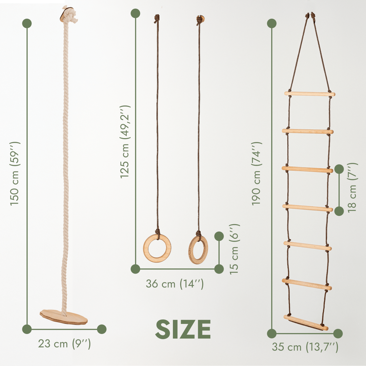 3in1 Swing & Climbing Set: Rope Ladder, Gym Rings & Disc Swing from Goodevas