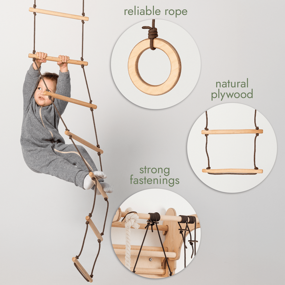 3in1 Swing & Climbing Set: Rope Ladder, Gym Rings & Disc Swing from Goodevas